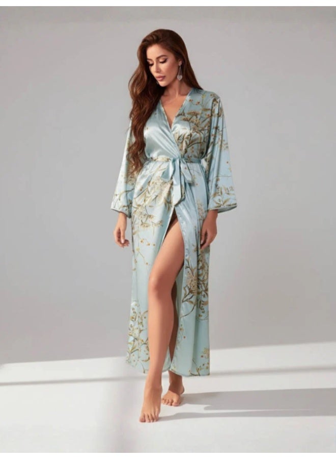 ناكسوس قمصان نوم نسائية، روب استحمام، صيفي، بأكمام طويلة، رداء من الساتان، بيجامات كيمونو - Image 1